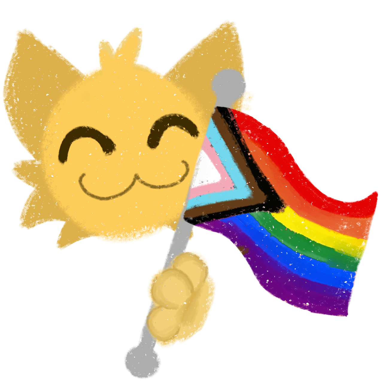 a cute, stylized, yellow cat-like character with a happy expression, holding a pride flag. The pride flag is the Progress Pride Flag, which includes the traditional rainbow colors with additional stripes representing marginalized communities within the LGBTQ+ community. The cat character has round, simple facial features, and the image has a textured look.